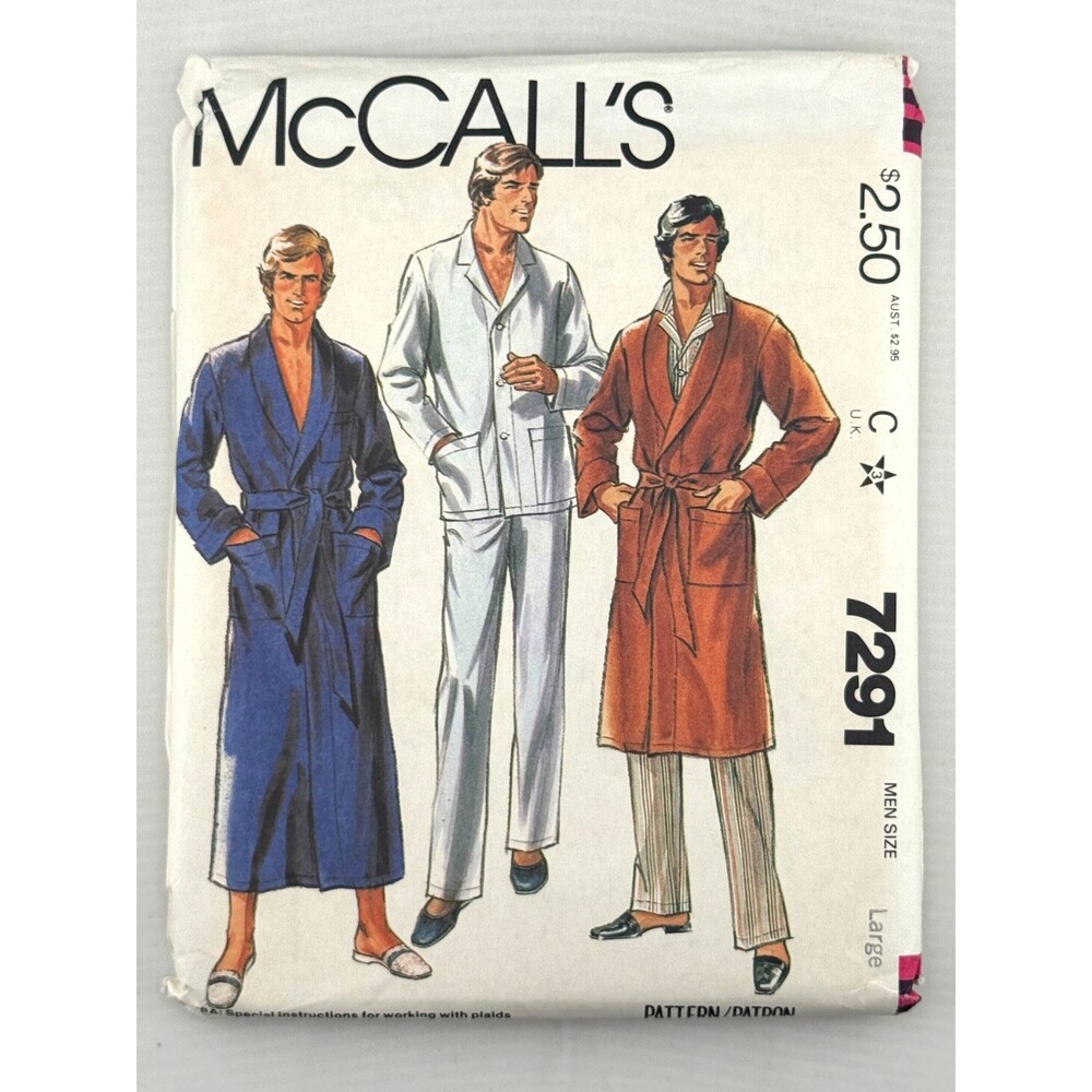 McCall's 7291 Mens Robe Pajamas Sewing Pattern Large Uncut Vintage 1980